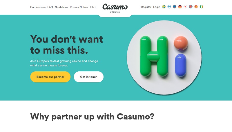 Casumo Affiliates website & screenshot with commission plans