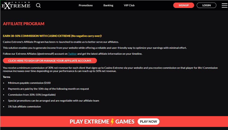 Casino Extreme Affiliates website & screenshot with commission plans
