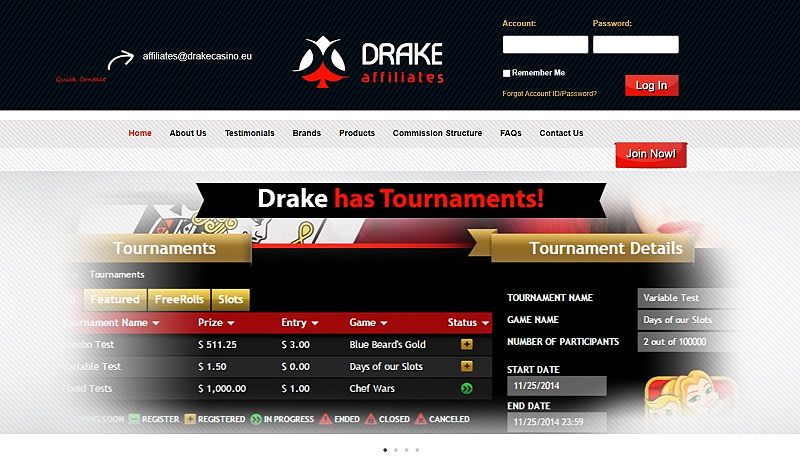 Drake Affiliates website & screenshot with commission plans