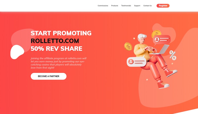 Rolletto Affiliates website & screenshot with commission plans