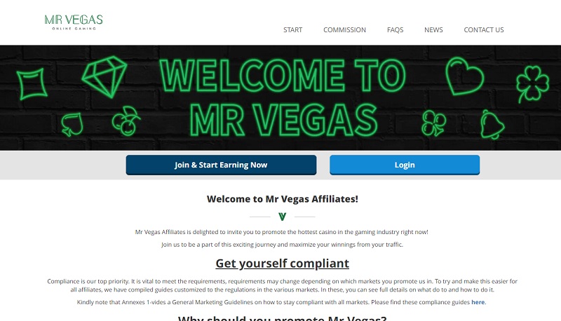 Mr Vegas Affiliates website & screenshot with commission plans
