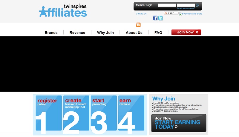 Twinspires Affiliates website & screenshot with commission plans