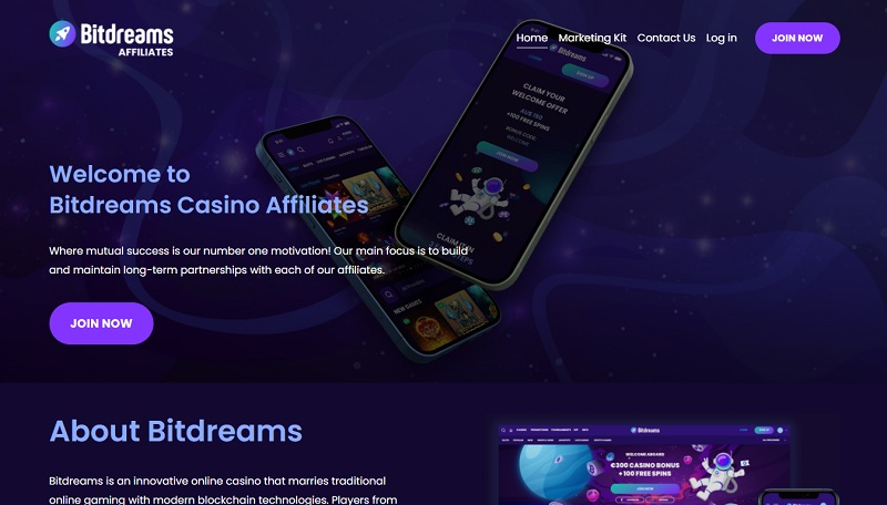 Bitdreams Affiliates website & screenshot with commission plans