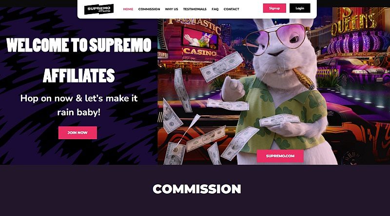 Supremo Affiliates website & screenshot with commission plans