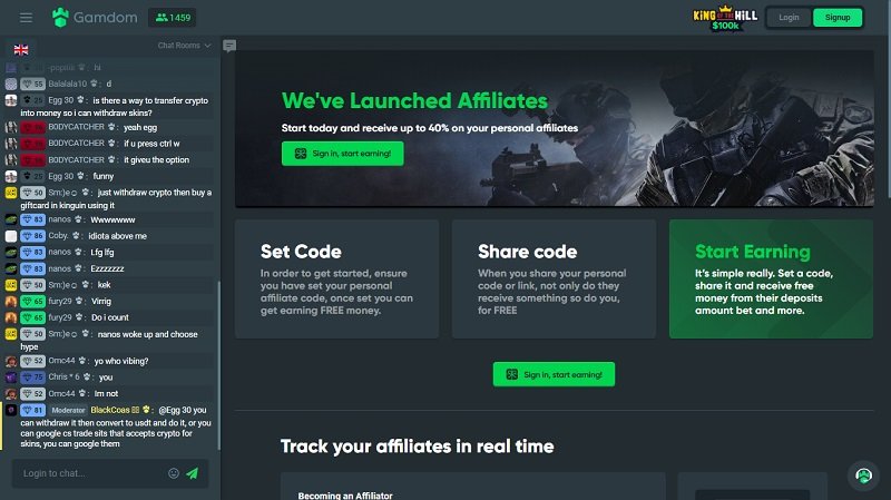 Gamdom Affiliates website & screenshot with commission plans