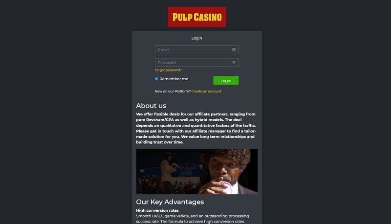 Pulp Casino Partners website & screenshot with commission plans
