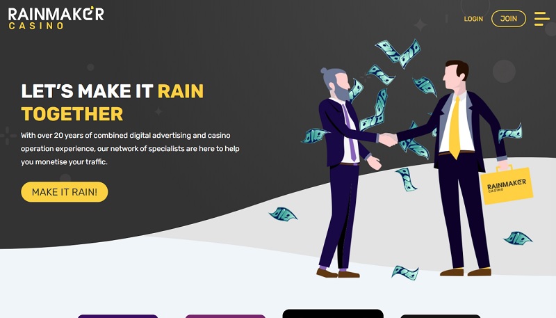 Rainmaker Casino Affiliates website & screenshot with commission plans