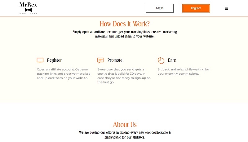MrRex Affiliates website & screenshot with commission plans