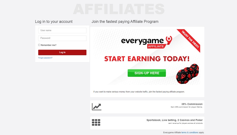 Everygame Affiliates website & screenshot with commission plans