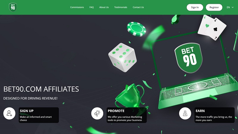 Bet90 Affiliates website & screenshot with commission plans