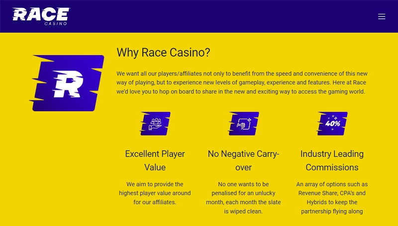 Race Casino Affiliates website & screenshot with commission plans