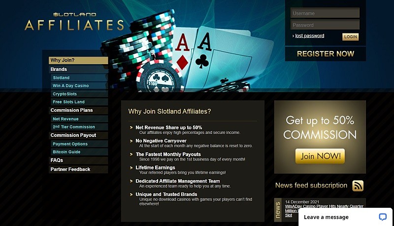 Slotland Affiliates website & screenshot with commission plans