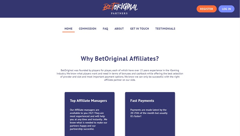 BetOriginal Partners website & screenshot with commission plans