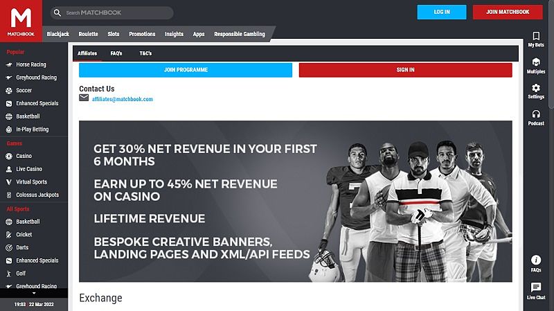 Matchbook website & screenshot with commission plans