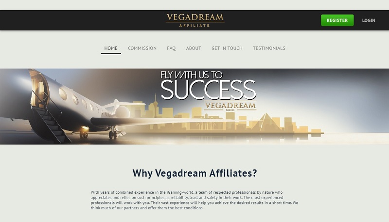 Vegadream Affiliate website & screenshot with commission plans
