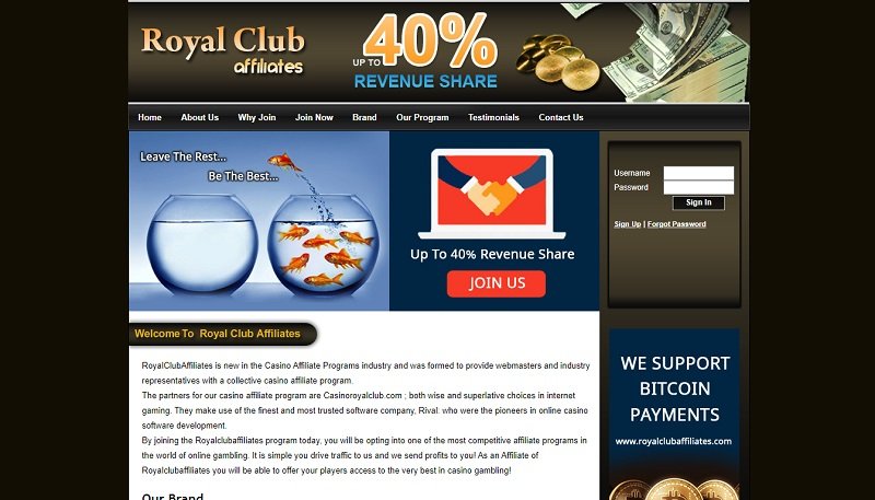 Royal Club Affiliates website & screenshot with commission plans