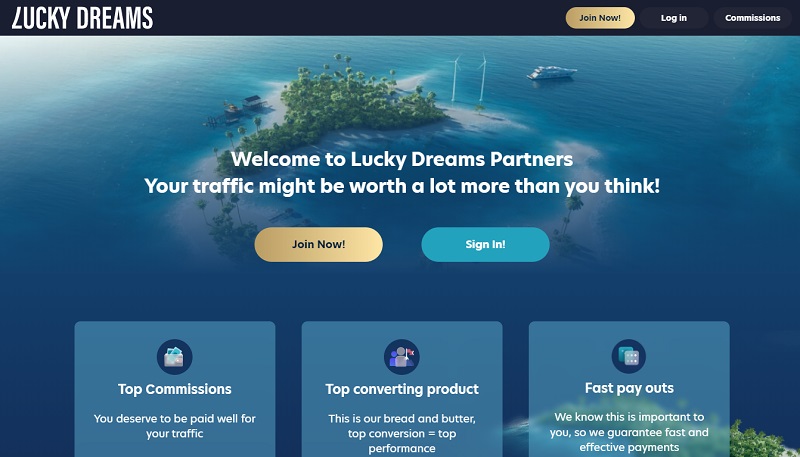 Lucky Dreams Partners website & screenshot with commission plans