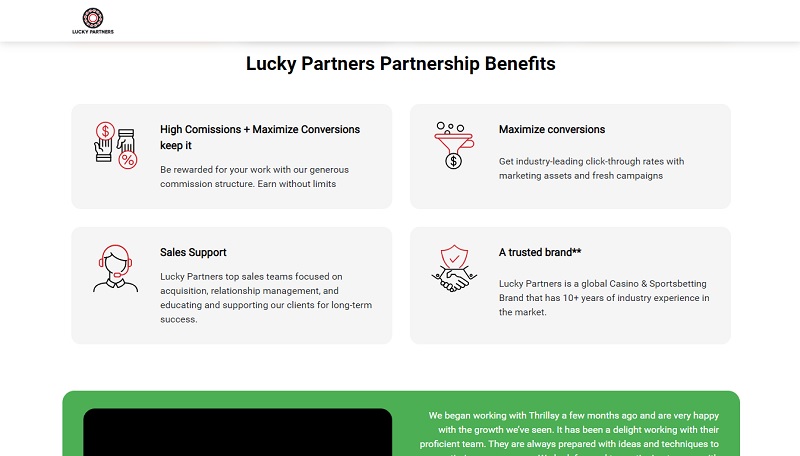 Lucky Partners website & screenshot with commission plans
