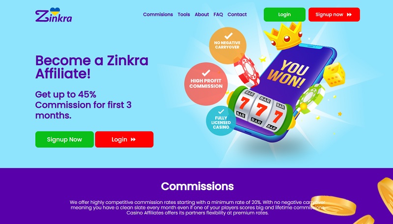 Zinkra Affiliates website & screenshot with commission plans