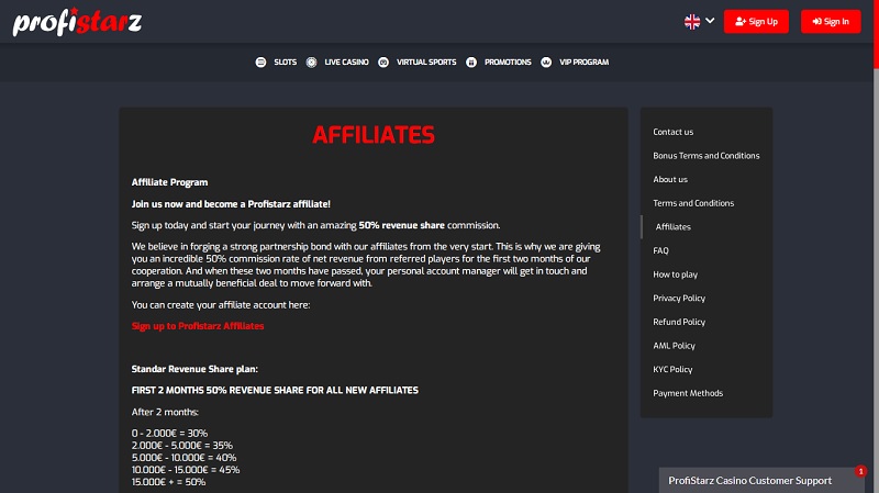 Profistarz Affiliate website & screenshot with commission plans