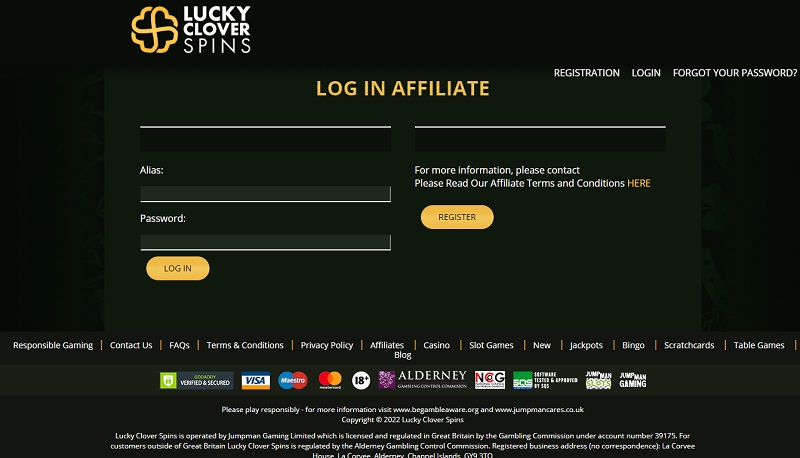Lucky Clover Spins website & screenshot with commission plans