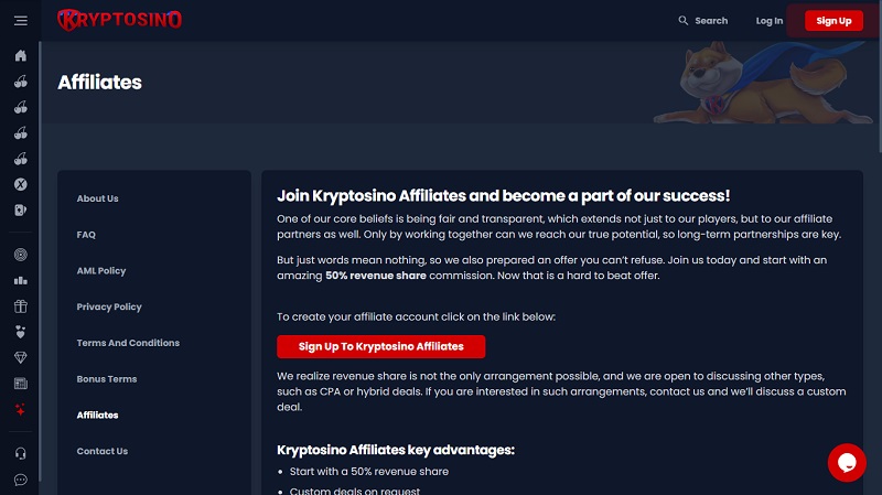 Kryptosino Affiliates website & screenshot with commission plans