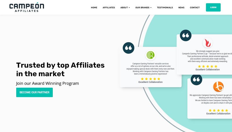 Campeon Affiliates website & screenshot with commission plans