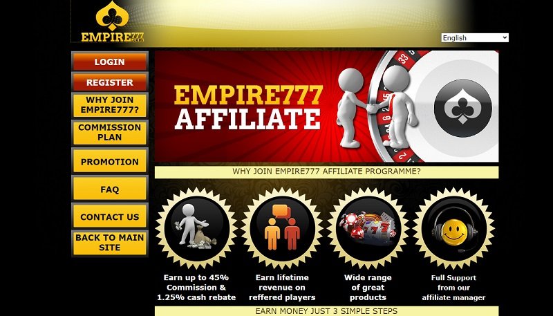 Empire777 Affiliates website & screenshot with commission plans