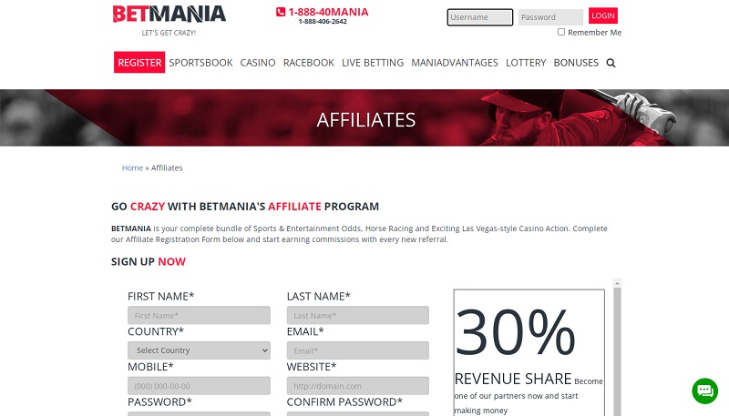 Betmania Affiliates website & screenshot with commission plans