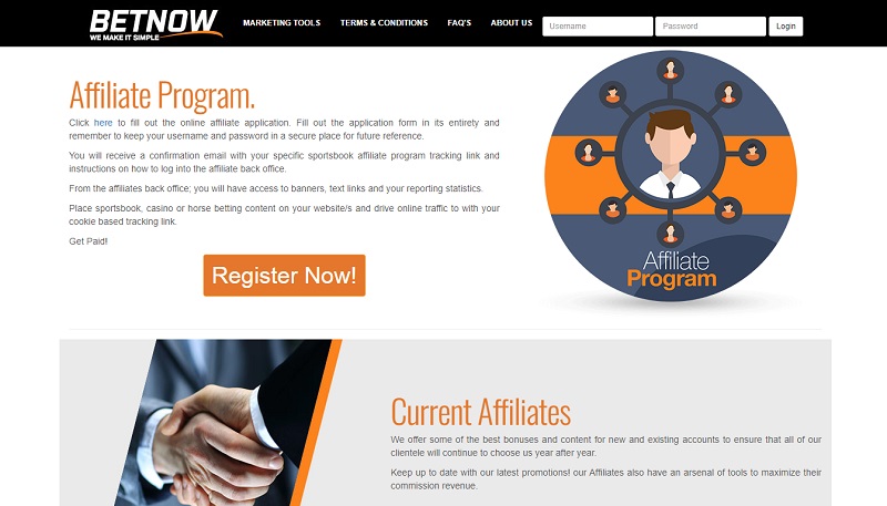 BetNow Affiliates website & screenshot