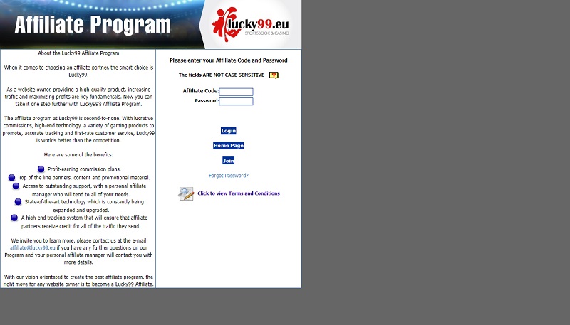 Lucky99 Affiliates website & screenshot with commission plans