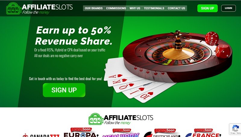 Affiliate Slots website & screenshot with commission plans