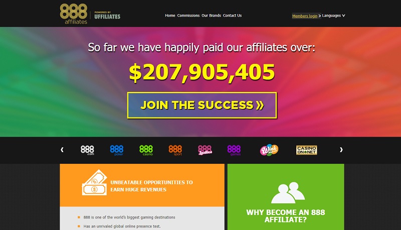 888 Affiliates website & screenshot with commission plans