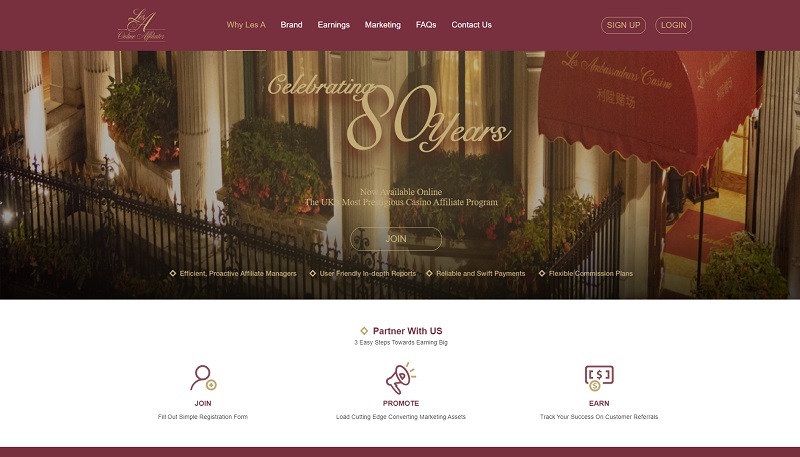 Les A Affiliates website & screenshot with commission plans