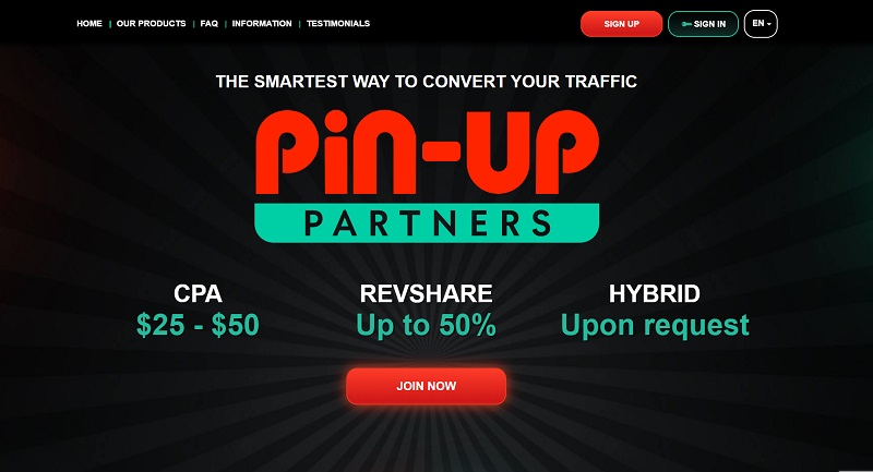 Pin-Up Partners website & screenshot with commission plans