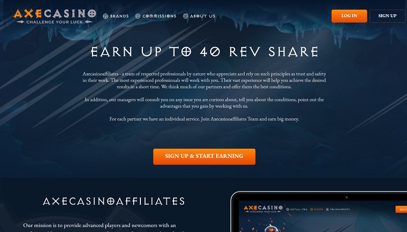 Axecasino Affiliates website & screenshot with commission plans