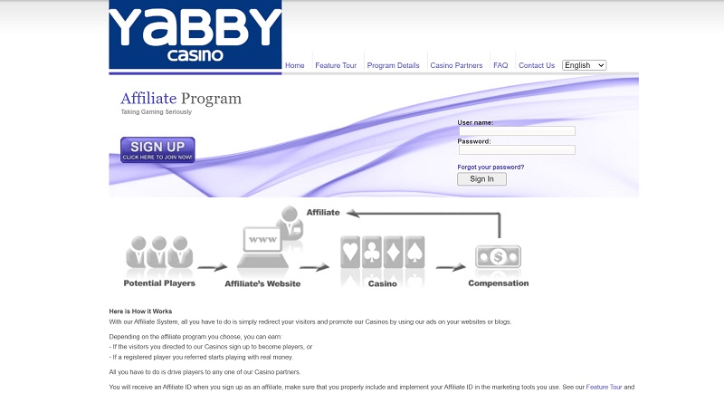 Yabby Casino Affiliates website & screenshot