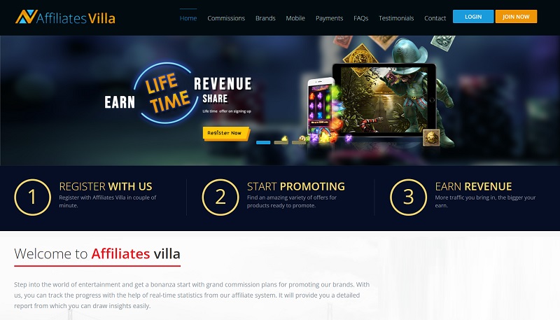 Affiliates Villa website & screenshot with commission plans
