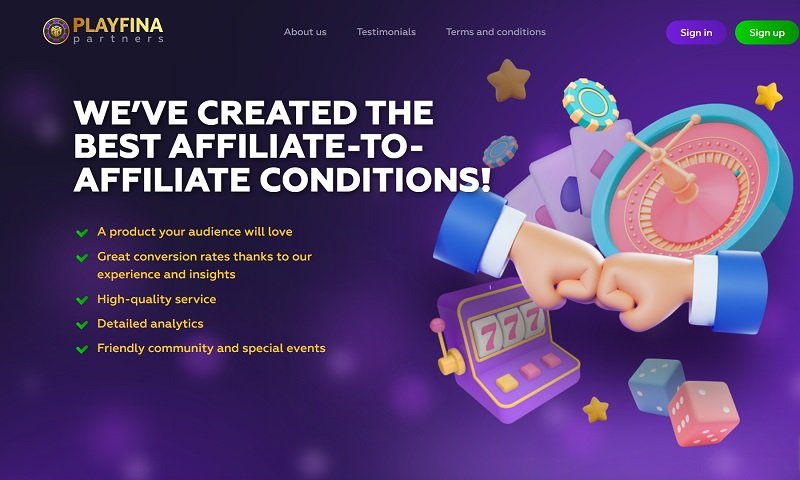 Playfina Partners website & screenshot with commission plans
