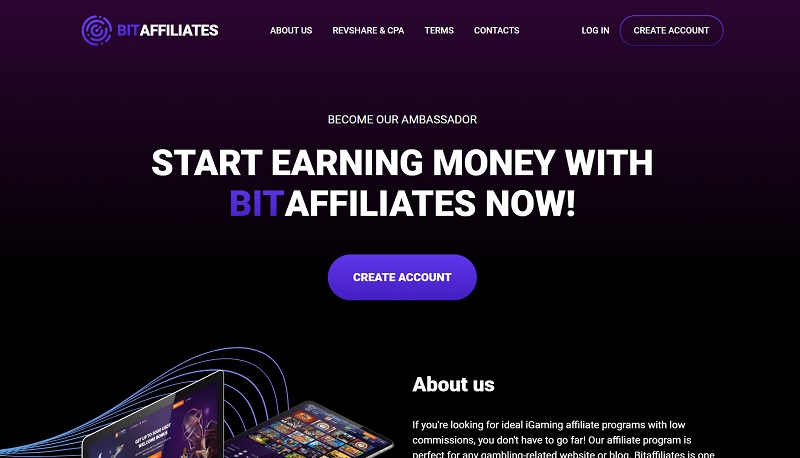 BitAffiliates website & screenshot with commission plans