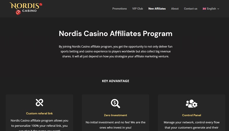 Nordis Casino Affiliates website & screenshot with commission plans