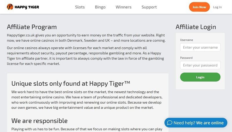 Happy Tiger Affiliates website & screenshot