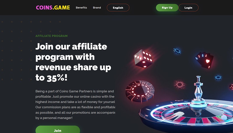 Coins Game Partners website & screenshot with commission plans