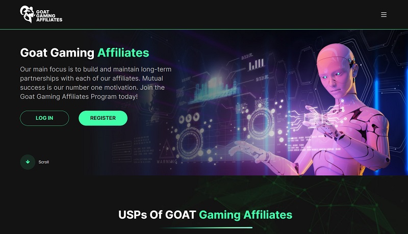 Goat Gaming Affiliates website & screenshot with commission plans