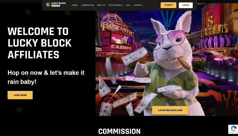 Lucky Block Affiliates website & screenshot with commission plans