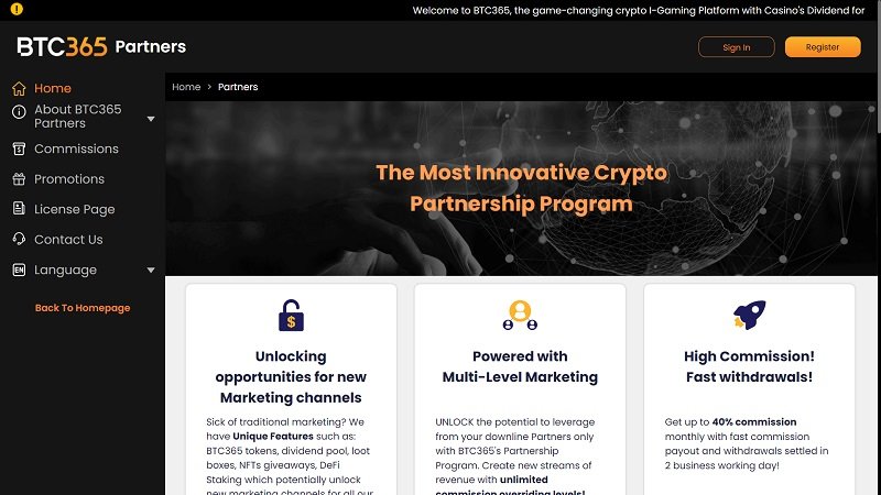 BTC365 Partners website & screenshot with commission plans