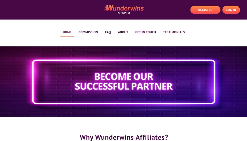 Wunderwins Affiliates website & screenshot with commission plans