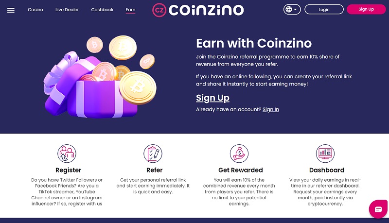 Coinzino Affiliates website & screenshot with commission plans