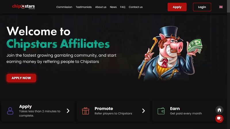 Chipstars Affiliates website & screenshot with commission plans
