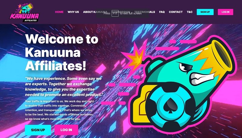 Kanuuna Affiliates website & screenshot with commission plans
